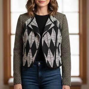 Rachel Roy Black White Beige Argyle Geometric Diamond Knit Jacket Artsy Chic